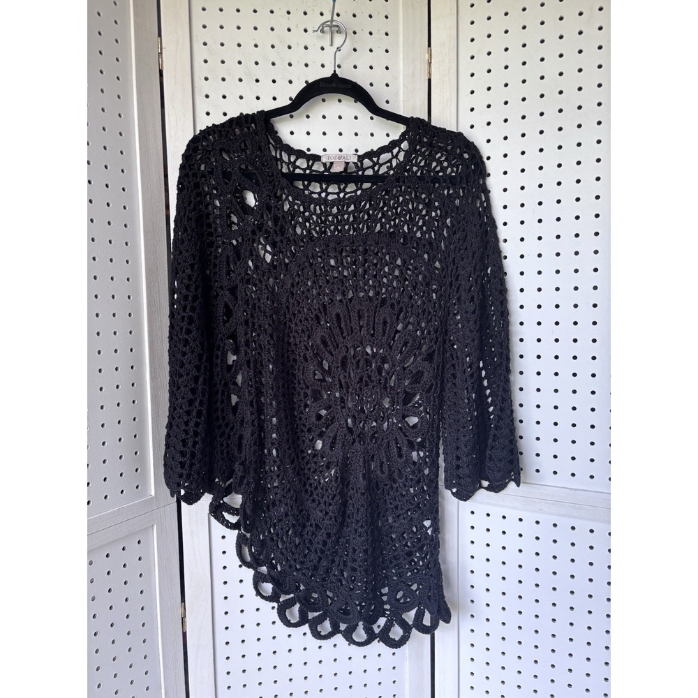 Roz & Ali Crochet Open Knit Asymmetrical Hem Top XL (LG) Beach Boho Festival 3/4